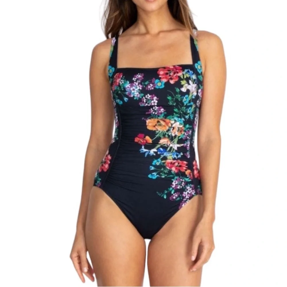 JOHNNY WAS Fay Floral Boho Black One Piece Swimsuit NEW Size XS
